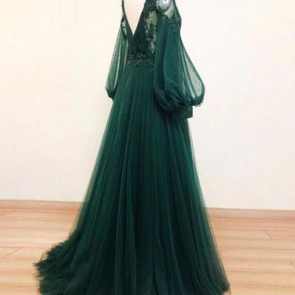 Green Tulle Long Sleeves Wedding Party Dresses..