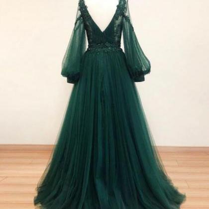 Green Tulle Long Sleeves Wedding Party Dresses..