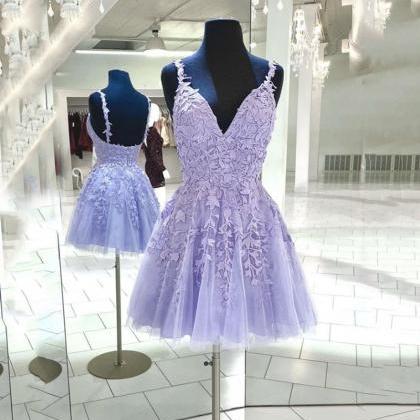 Purple Lace And Tulle Short Straps Homecoming..
