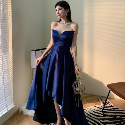Navy Blue Satin High Low Party Dresses Prom Dress..