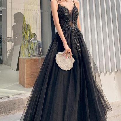 Black Straps Long V-neckline Prom Dress Evening..