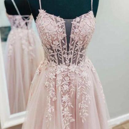 A Line V Neck Pink Tulle Lace Long Prom Dresses..