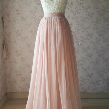 Pink Tulle With Lace Short Sleeves Long Prom Party..