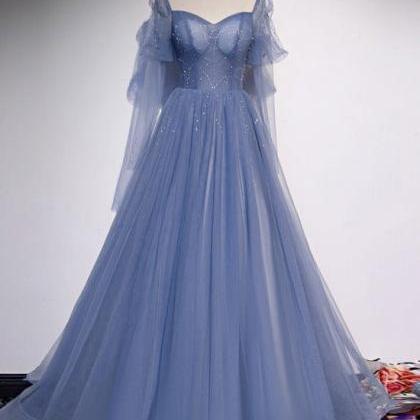 Blue Tulle A-line Beaded Long Party Dress Formal..