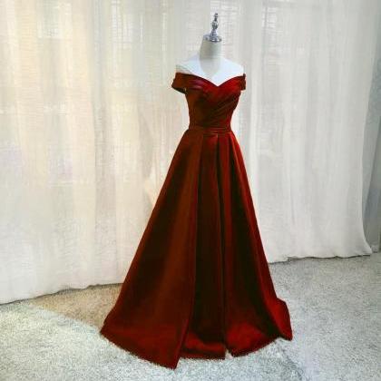 Wine Red Simple Satin Off Shoulder Evening Gown..