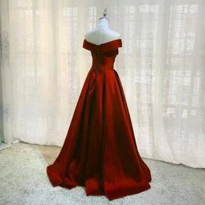 Wine Red Simple Satin Off Shoulder Evening Gown..