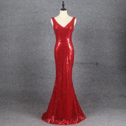 Red Sequins Mermaid Low Back Long Evening Dress..