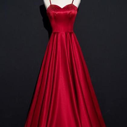 Beaded Sweetheart Satin Wine Red Party Dress..