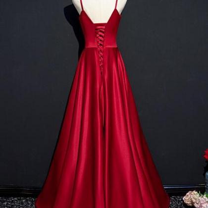 Beaded Sweetheart Satin Wine Red Party Dress..