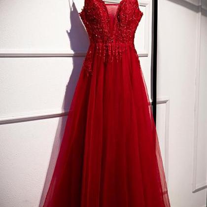 Dark Red Lace Tulle Straps Long Prom Dress Formal..