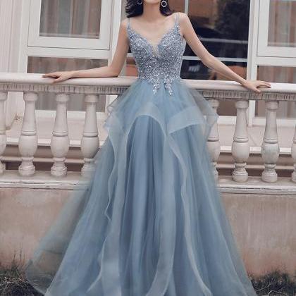 Light Blue Formal Dress Tulle V-neckline Lace..