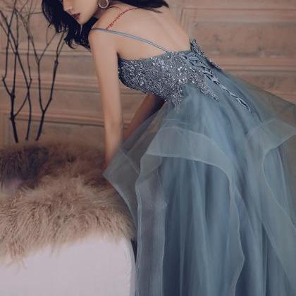 Light Blue Formal Dress Tulle V-neckline Lace..