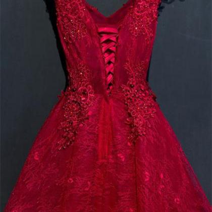 Red V Neck Lace Short Party Formal Dress Prom..