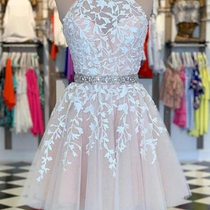Tulle Lace Short Prom Dress Formal Dress Champagne..