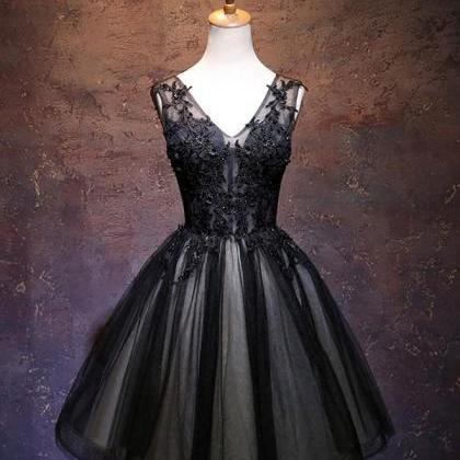 Black V Neck Lace Short Prom Dress Formal Dress..