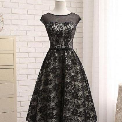 Black Lace Tea Length Prom Dress Formal Dress..