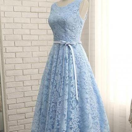 Blue Lace Tea Length Wedding Party Dress Formal..