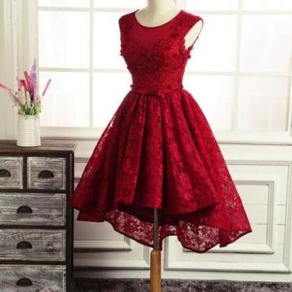 Wine Red Round Neckline Lace High Low Homecoming..