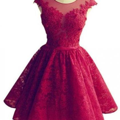Wine Red Lace Knee Length Round Neckline Party..
