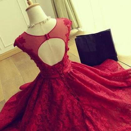 Wine Red Lace Knee Length Round Neckline Party..