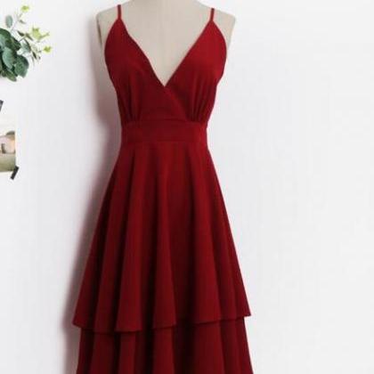 Dark Red V-neckline Chiffon Layers Formal Dress..