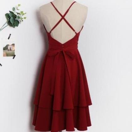 Dark Red V-neckline Chiffon Layers Formal Dress..