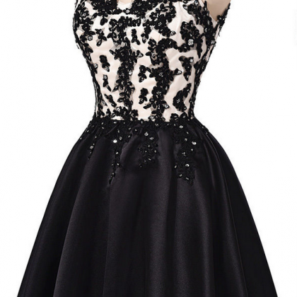 Hand Made Black Applique Satin Homecoming Dress..