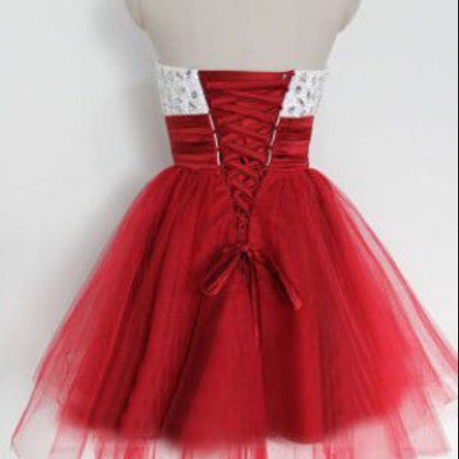 Red And White Tulle Beaded Short Party Dress..