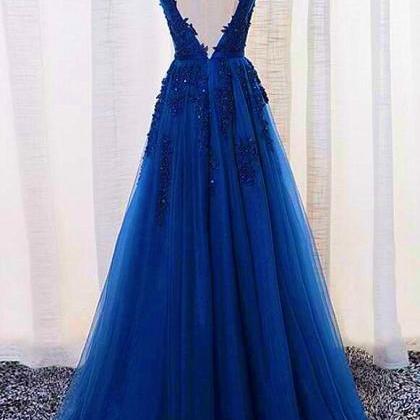 Blue Long Tulle A-line Bridesmaid Dress Formal..