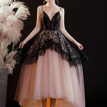 Pink And Black Tulle With Lace V Neck Formal Dress..