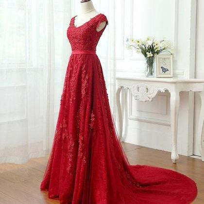 A Line Cap Sleeves Burgundy Lace Prom Dress With..
