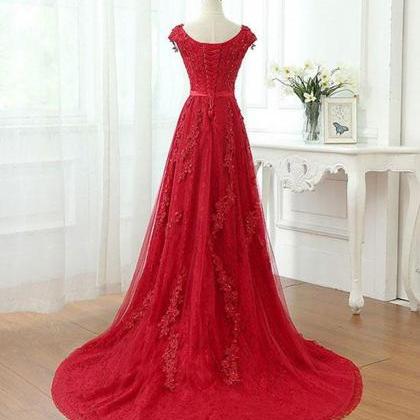 A Line Cap Sleeves Burgundy Lace Prom Dress With..