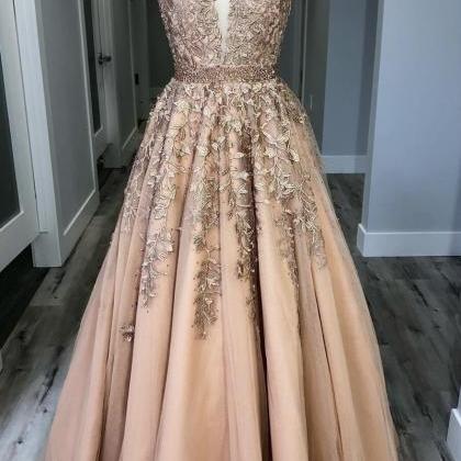 Champagne V Neck Lace Tulle Long Prom Dresses..