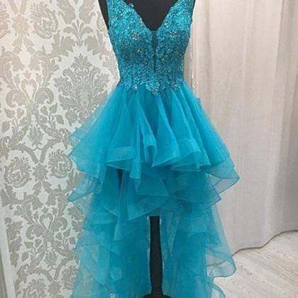 Blue High Low V-neck Tulle Prom Dresses Formal..