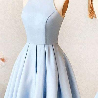 A-line Blue Short Satin Homecoming Dress With..