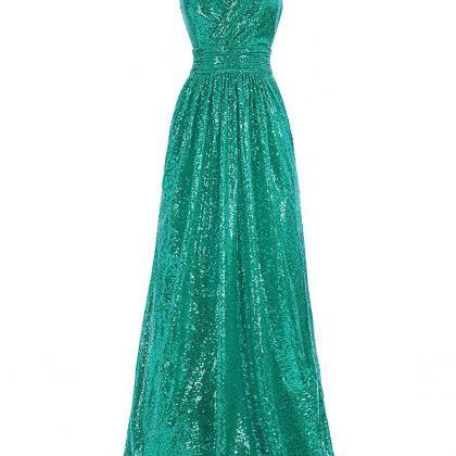 Green V Neck Sequined Sleeveless Formal Dress..