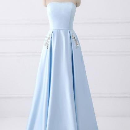 Blue Strapless Stain Prom Dresses Formal Dress..