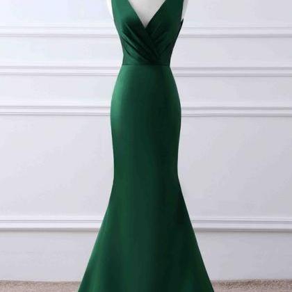Green Matte Satin V-neck Mermaid Formal Dress..