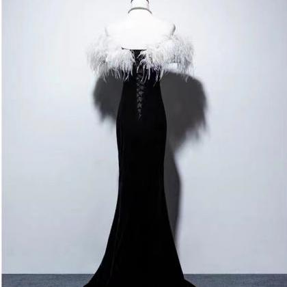 Feather Velvet Fashion Prom Dress Black Evening..