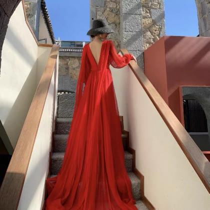 Red Chiffon Backless Dress Long Sleeve Dress,..