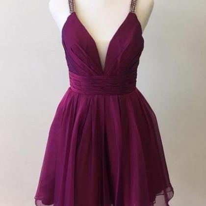 V Neck Purple Chiffon Short Prom Dresses Formal..