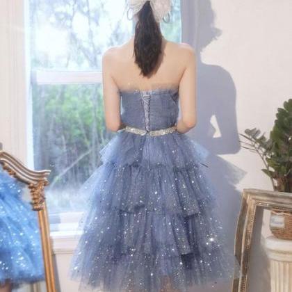 Blue Tulle Sequin Short Prom Dress Blue Formal..