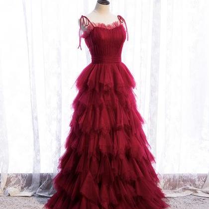 Burgundy Tulle Long Prom Gown Formal Dress Evening..