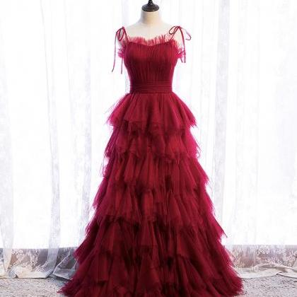 Burgundy Tulle Long Prom Gown Formal Dress Evening..