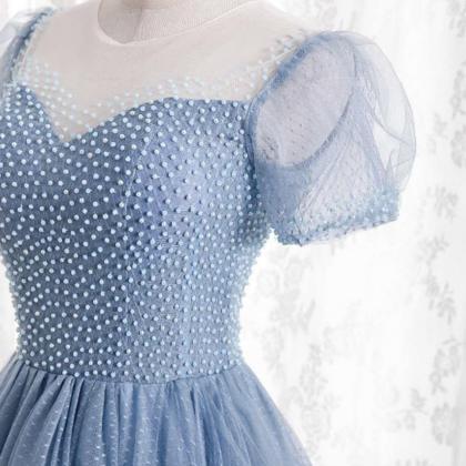 Blue Tulle Long A Line Prom Dress Formal Dress..