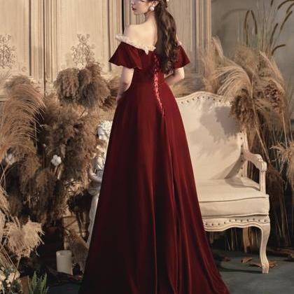 Burgundy Formal Dress Velvet Long Prom Dress..