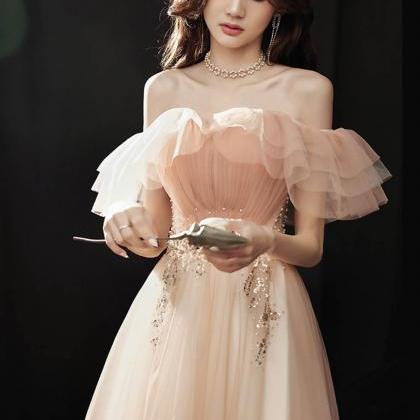Pink Tulle Sequins Formal Dress Long Prom Dress..