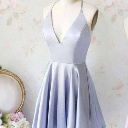 Simple Blue V Neck Short Prom Dress Formal Dress..