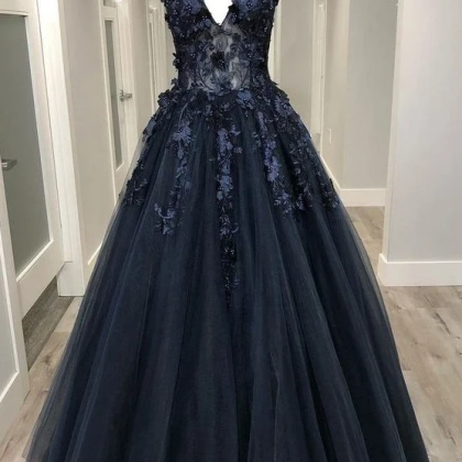 Open Back Beaded Appliques Black Lace Long Prom..
