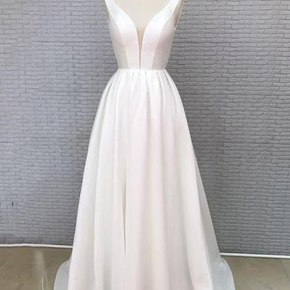 White Satin V Neck Long Customize Formal Dress..